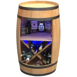 Drewniana beczka barek z półką na wino i oświetleniem LED RGB - 80cm
