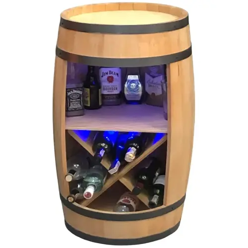 Drewniana beczka barek z półką X na wino i oświetleniem LED RGB - 80cm (1).webp