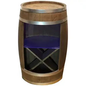 Drewniana beczka barek z półką szklaną, stojakiem na wino oraz oświetleniem LED RGB