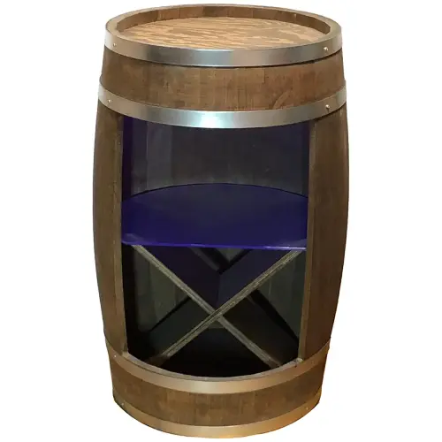 Drewniana beczka barek z półką szklaną, stojakiem na wino oraz oświetleniem LED RGB (1).webp