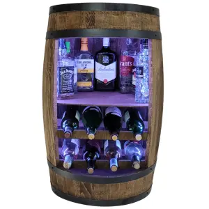 Drewniana beczka barek z pólkami na wino i z oświetleniem LED RGB - 80cm