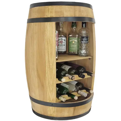 Drewniana beczka barek do restauracji ekspozycja win butelek z alkoholem (4).webp