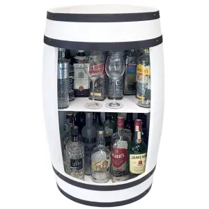 Biała Drewniana Beczka na Alkohol z Półkami – Stylowy Barek