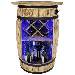 Stylowy stół barowy z drewnianej beczki z oświetleniem LED RGB i stojakiem na wino