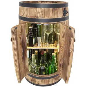 Domowy barek z drewnianej beczki z oświetleniem LED i drzwiczkami, 2 półki na butelki rustykalny styl, Szafka na alkohol, Mebel bar 80x50 cm