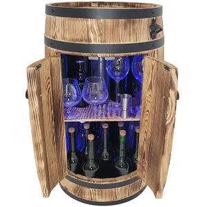 Drewniany barek beczka z kolorowym oświetleniem LED RGB i drzwiczkami do alkoholu dekoracyjna beczka z półkami na butelki, mebel do przechowywania alkoholu, rustykalny styl 80x50x44cm 