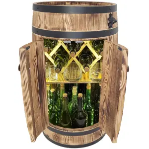 Drewniana beczka z drzwiami bar domowy z oświetleniem LED na baterię, mobilny rozkładany stojak na butelki z winem, Rustykalna szafka na butelki z alkoholem 80x50x44cm