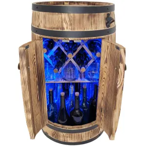 Barek beczka z drewna z oświetleniem LED RGB i stojakiem na wino, Dekoracyjna szafka barowa z półkami i podwójnymi drzwiami do salonu lub jadalni, 80x50 cm jasny brąz