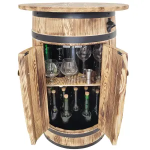 Drewniany barek beczka z półkami i drzwiczkami do przechowywania alkoholu dekoracyjna, Szafka barowa z dużym blatem na 30-40 butelek, Regał na wina 80x55x44 cm jasny brąz