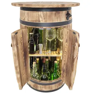 Drewniany barek beczka z blatem i oświetleniem LED do alkoholu i kieliszków – styl rustykalny, z drzwiczkami i otwieraczem, ręcznie wykonany z drewna sosnowego 80x55x40