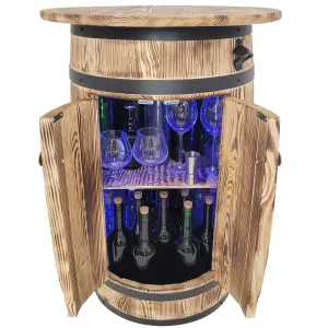 Drewniany barek beczka z blatem z LED RGB do przechowywania alkoholu Dekoracyjna szafka barowa z półkami i drzwiczkami, stojak na wino do salonu, kuchni 80x55x44cm