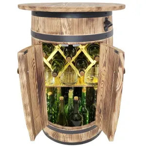 Drewniana beczka z dużym blatem i z światłem LED oraz rozkładanym stojakiem na wino do domu i restauracji, Szafka na butelki z alkoholem, Drewno opalone ogniem 80x55x44cm