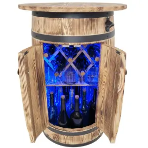 Drewniana szafka na alkohol w kształcie beczki z kolorowym oświetleniem LED RGB i dużym blatem oraz rozkładanym mobilnym leżakiem na butelki wina 80x55x44cm
