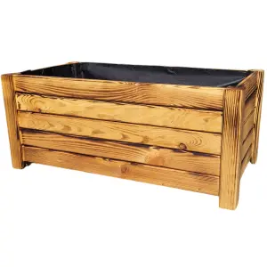 rewniana doniczka ogrodowa opalana płomieniem z włókniną, rustykalny design, skrzynia na kwiaty z podwyższonym dnem idealna na balkon i taras – 60x38x25 cm