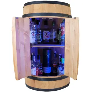 Drewniana beczka barek z drzwiami i 4 kołami oświetlenie RGB na USB bar domowy 80x50cm jasny dąb