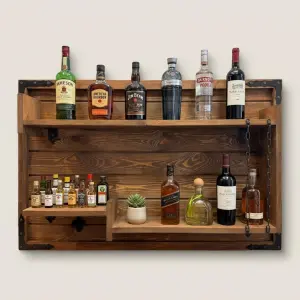 Weeco – drewniany bar ścienny – ręcznie wykonany bar ścienny z półką na butelki i otwieraczem – półka na wino i alkohole – 112 × 72 × 15 cm – kolor wenge